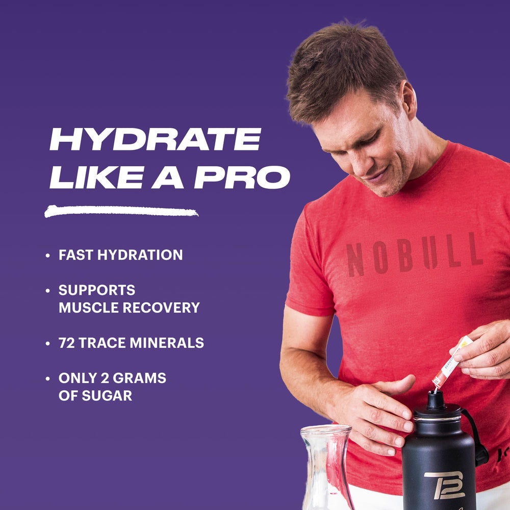 Close-up of TB12 Electrolytes stickpack label, showcasing clean ingredients.