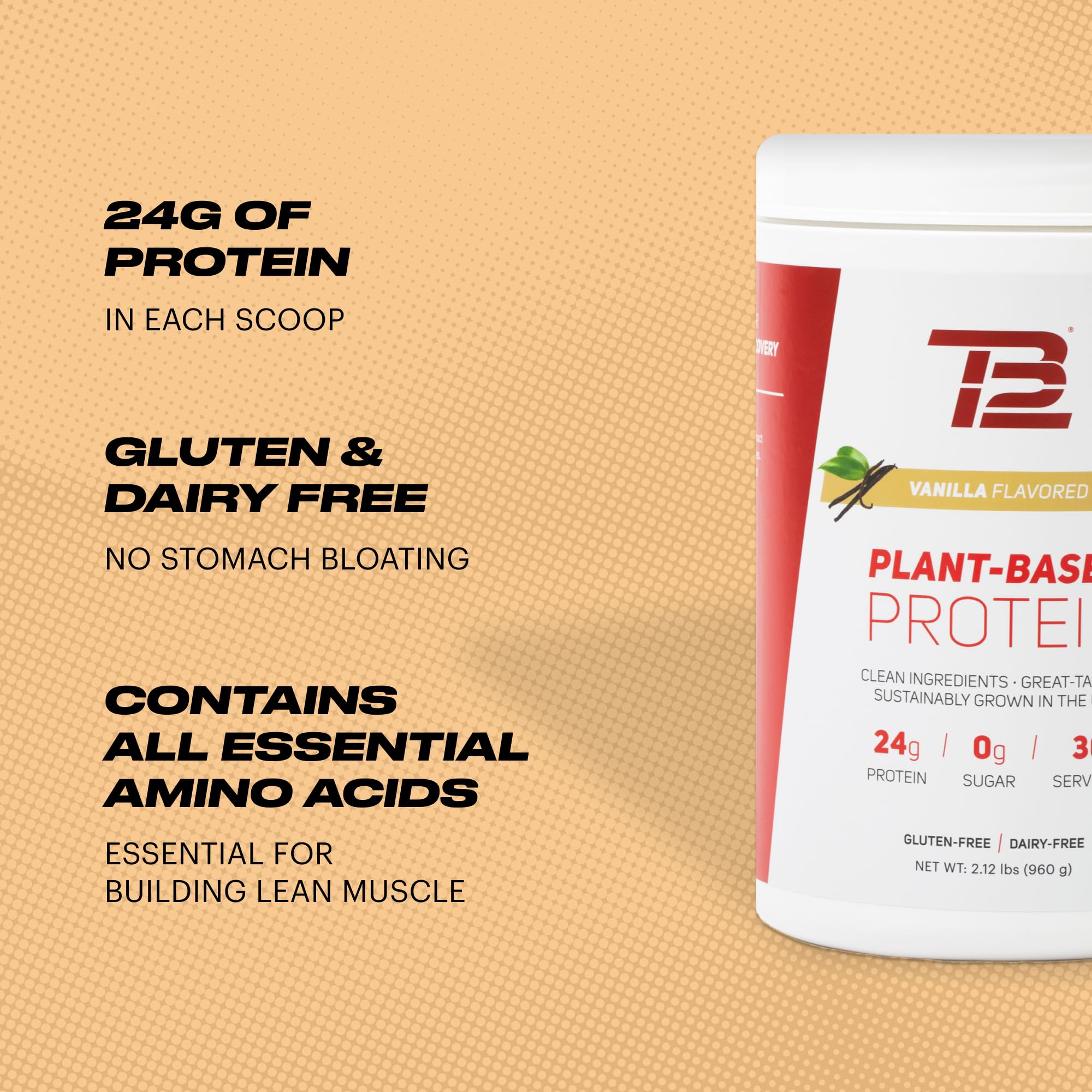 TB12 sustainable single-source pea protein shown in a glass bottle.