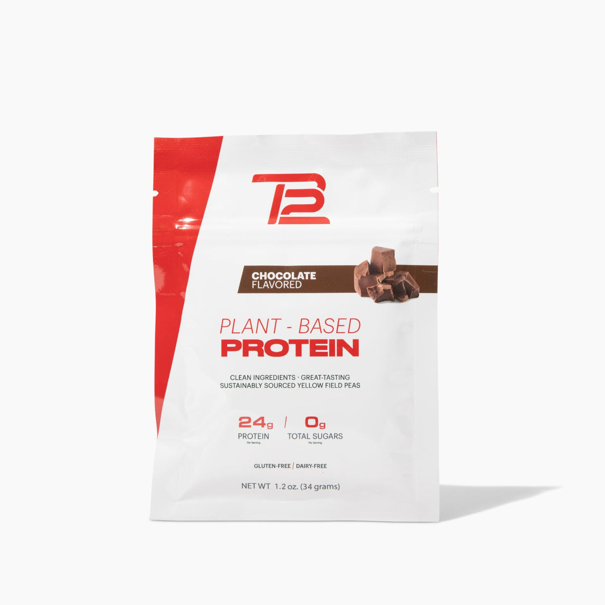 TB12 plant-based protein powder chocolate bag closeup - vegan pea protein for clean post-workout recovery.