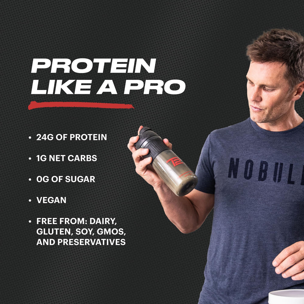 TB12 plant-based powder chocolate serving dish - rich flavor with low net carbs and sugar-free profile.