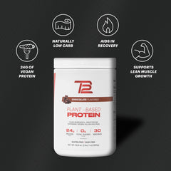 TB12 single-source pea protein bag highlighting sustainable ingredients.