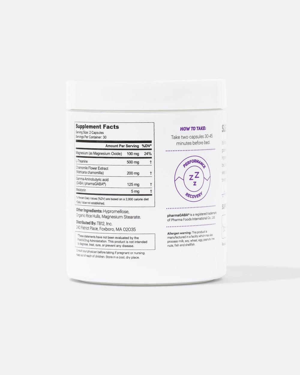 TB12 Sleep before-bed dosing shows a 30–45 minute routine.