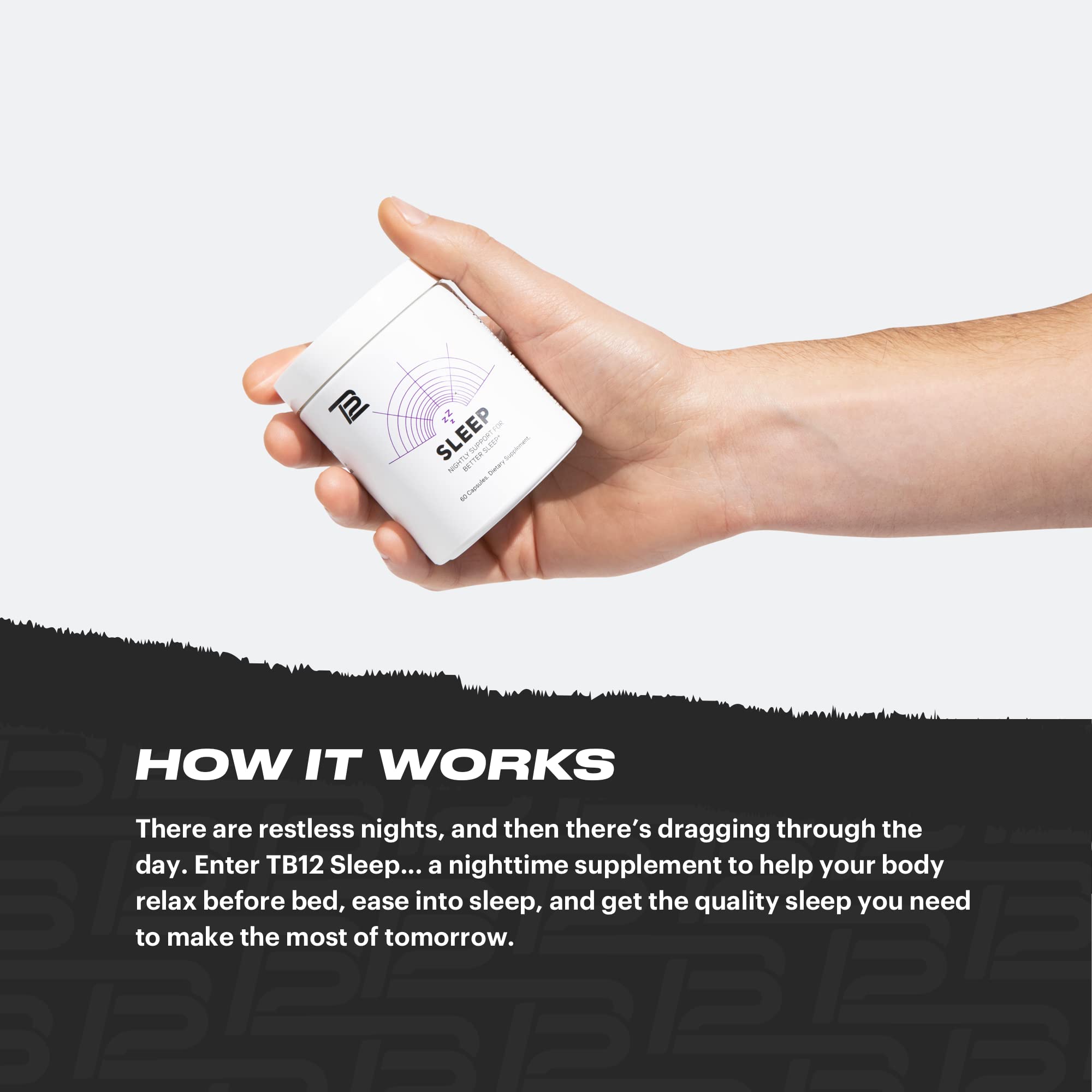 TB12 Sleep capsules close-up shows a natural relaxation aid.