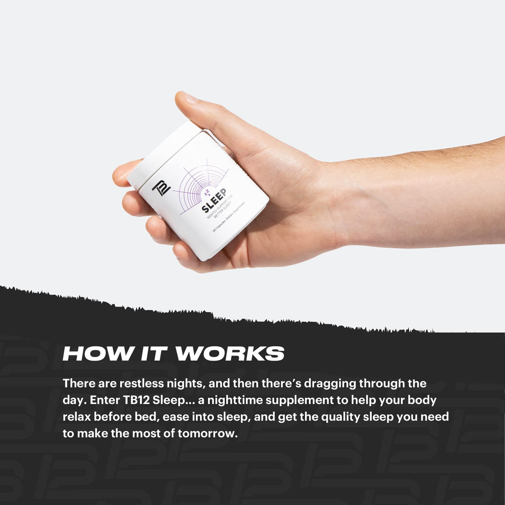 TB12 Sleep capsules close-up shows a natural relaxation aid.
