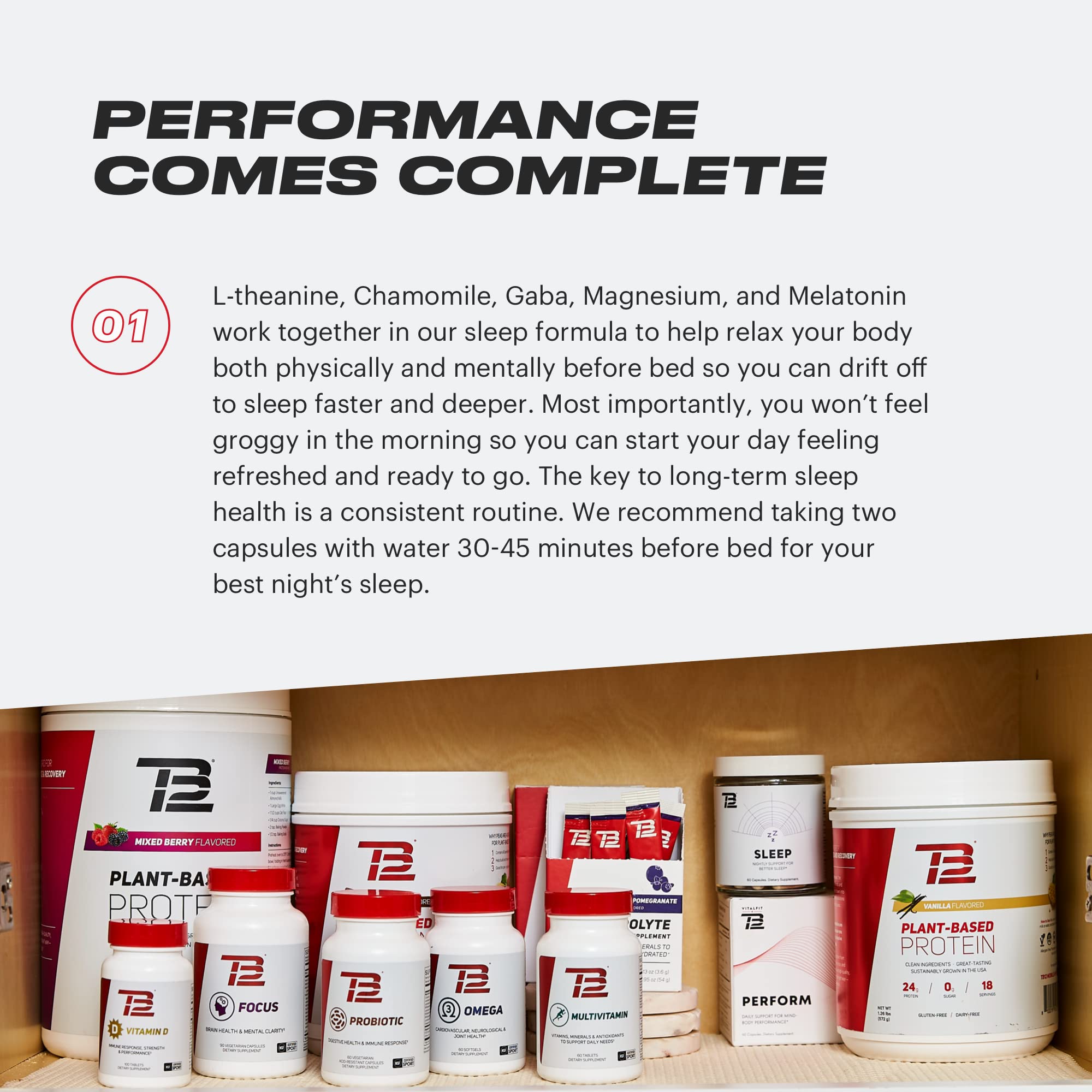 TB12 Sleep label details emphasize non-GMO and natural ingredients.