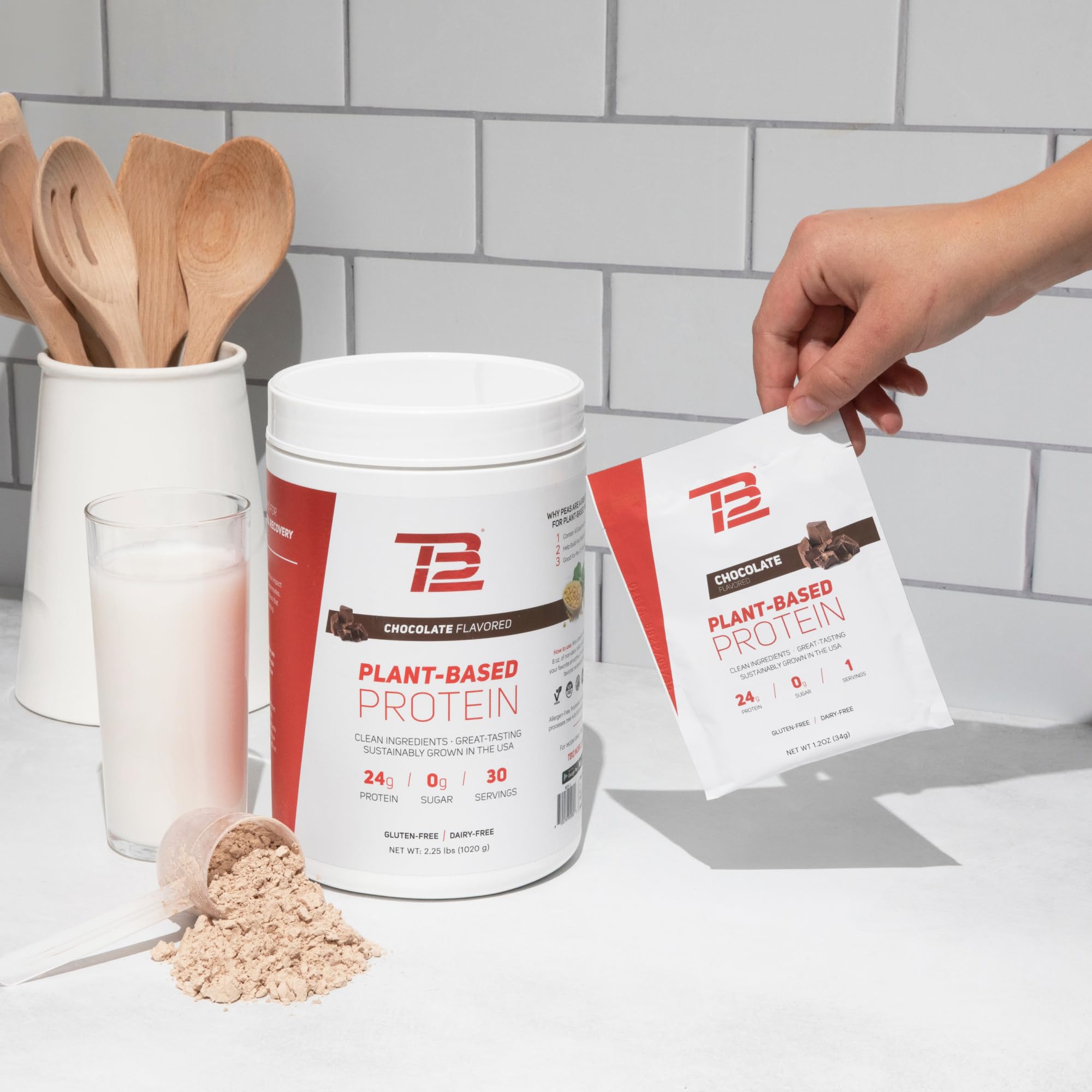 TB12 vegan ingredients line - chocolate plant-based powder ideal for dairy-free diets.