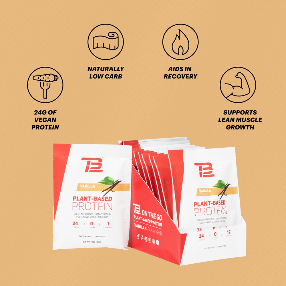 TB12 vegan non-GMO protein bag on kitchen counter