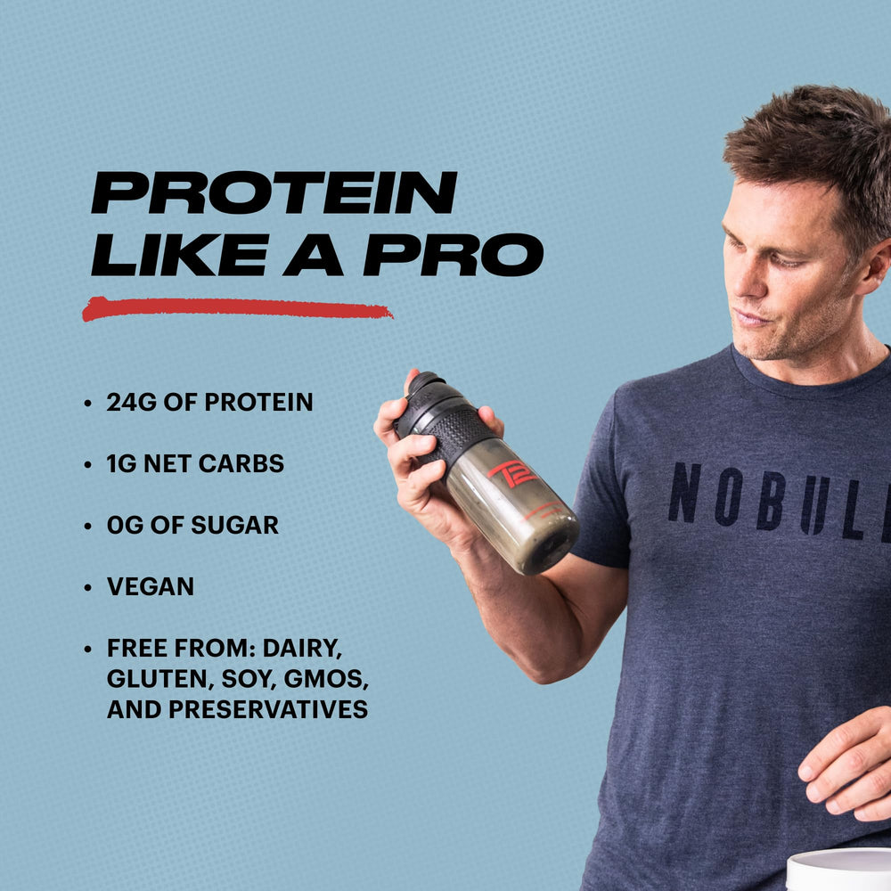 TB12 vegan pea protein label on bag highlighting single-source plant protein