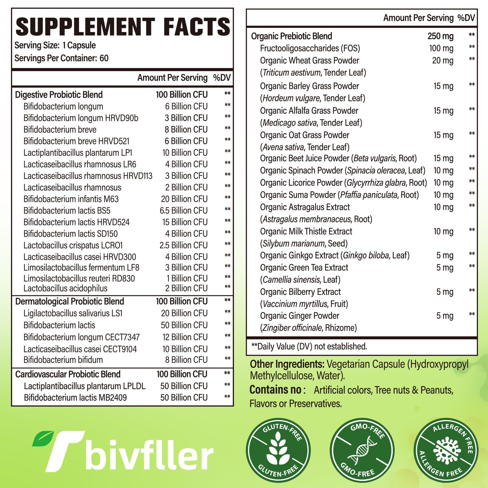 Tbivfller bottle highlights 24 probiotic strains for diverse gut health.