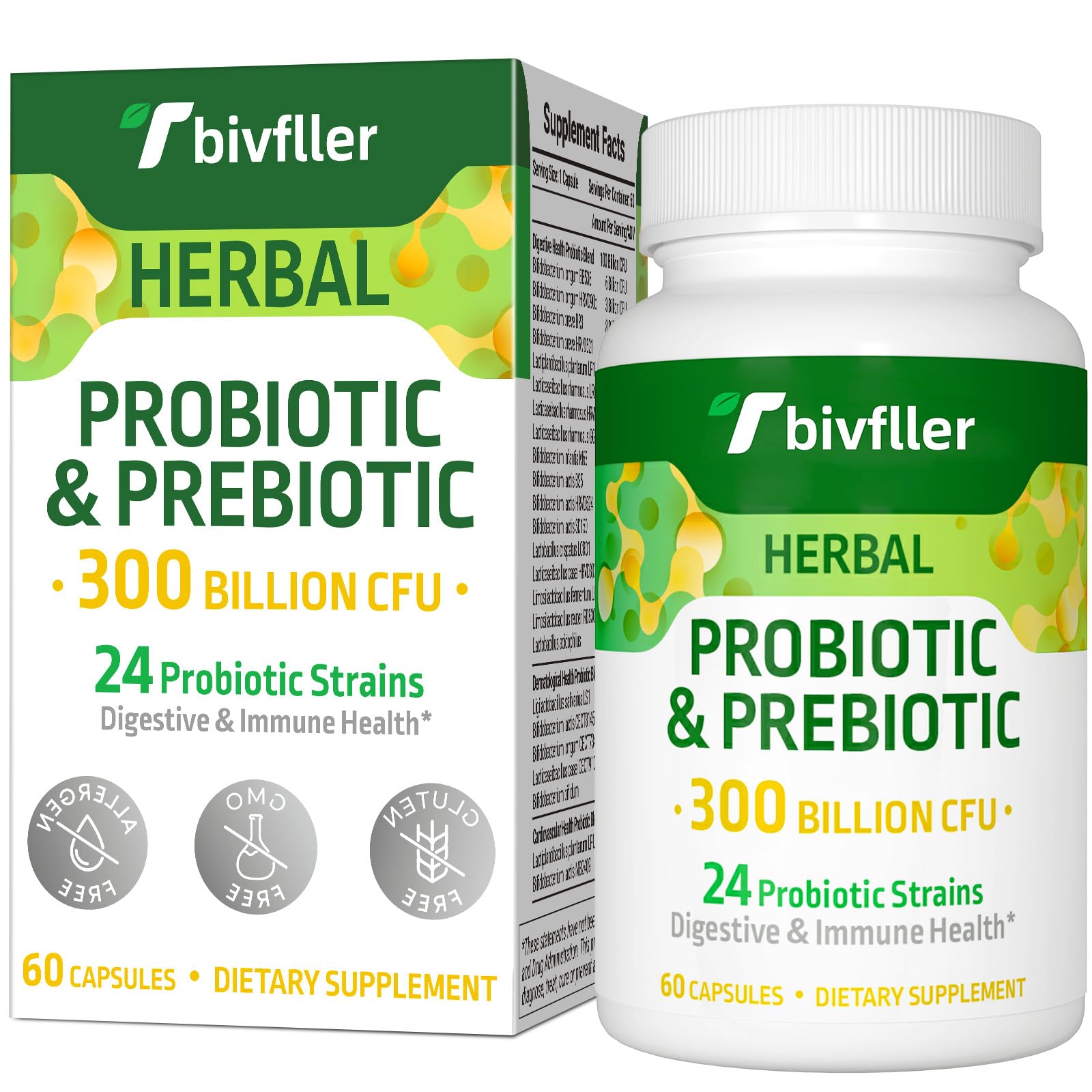 Tbivfller probiotic bottle showing 300B CFU for daily gut balance.