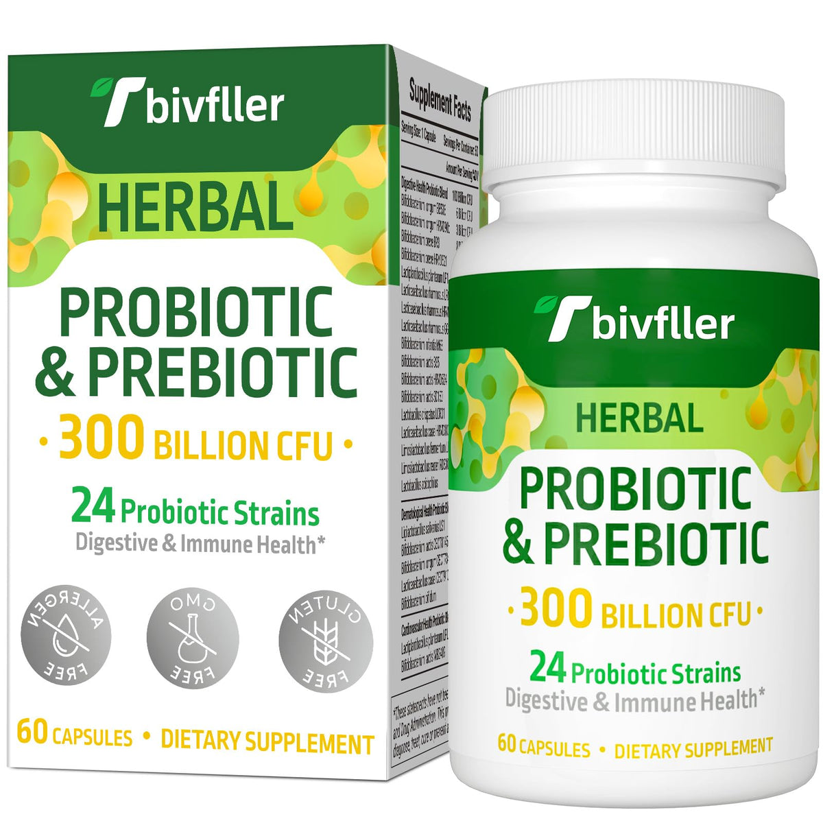 Tbivfller probiotic bottle showing 300B CFU for daily gut balance.