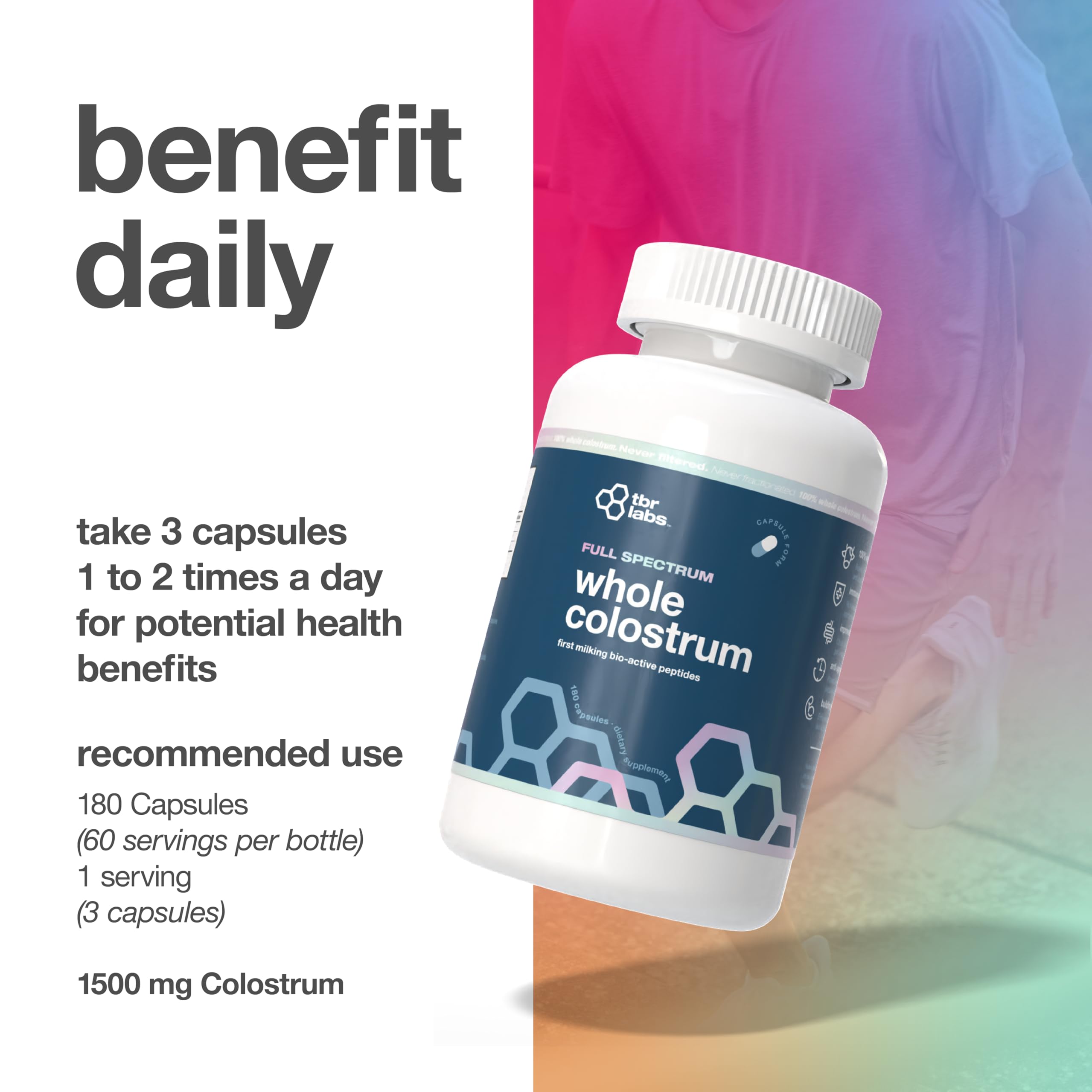 TBR Labs bottle indicating 60 servings per bottle for convenience.