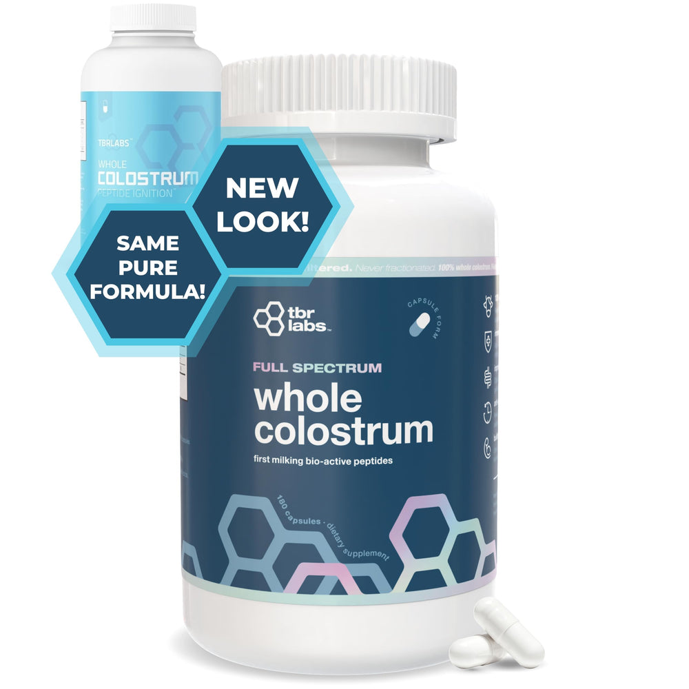 TBR Labs Pure Bovine Colostrum bottle showcasing USA sourcing.