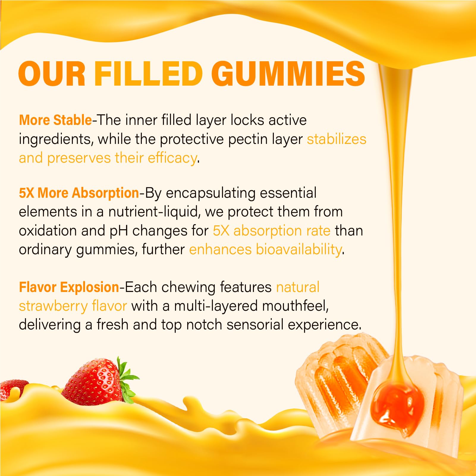 Tcemundry gelatin-free, gluten-free, GMO-free gummies with natural color.