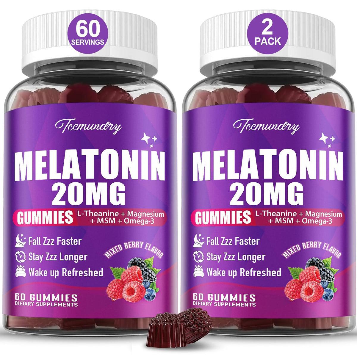 Tcemundry Melatonin Gummies bottle promotes a calm wind-down before bed.