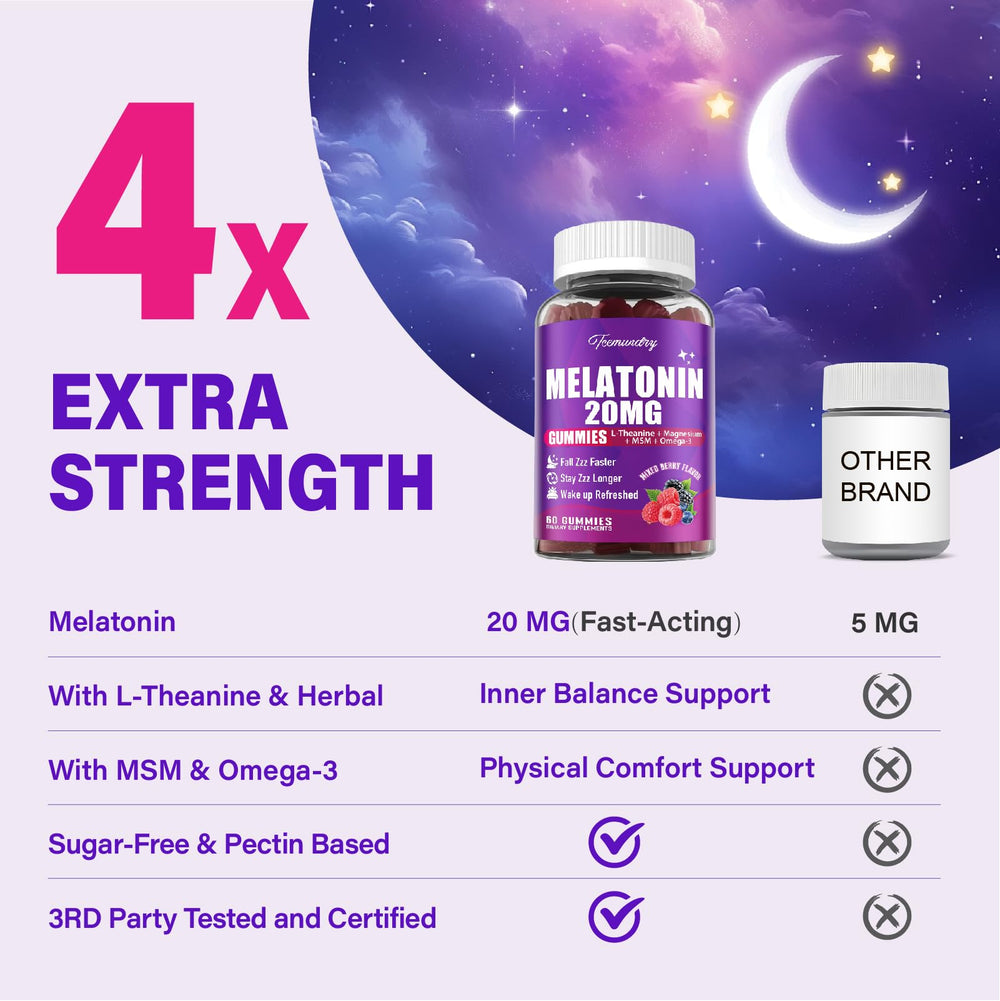 Tcemundry Melatonin Gummies ingredients panel includes Vitamin D3 and zinc for immunity.