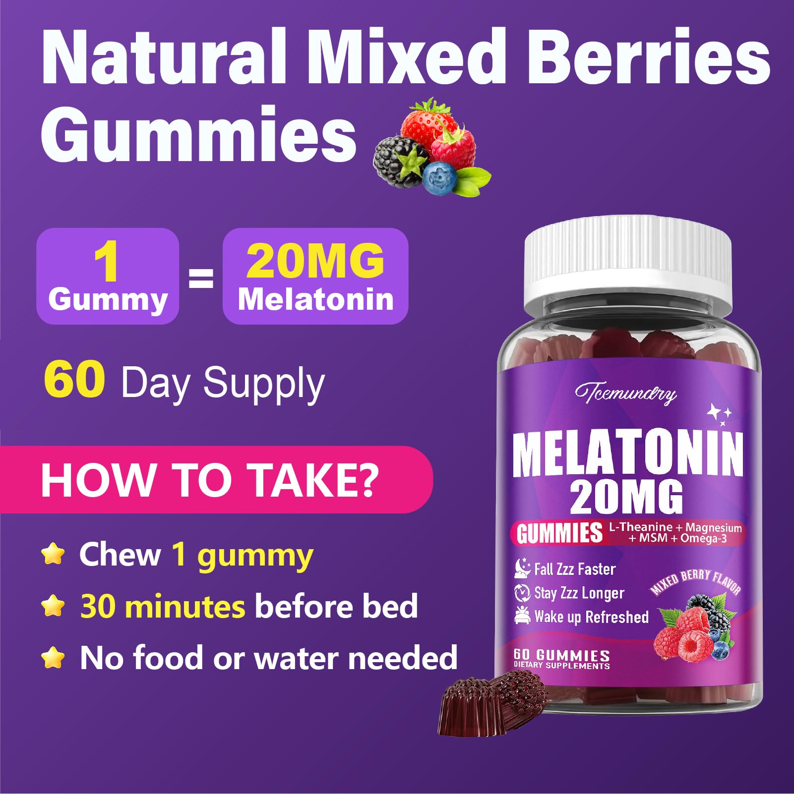 Tcemundry Melatonin Gummies on nightstand beside a glass, ready for bedtime routine.