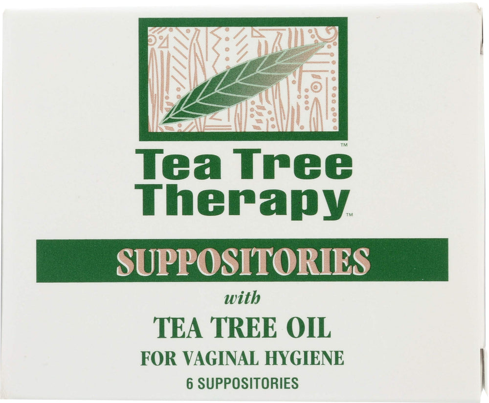 Tea Tree Therapy suppositories 6-count box, framed for vaginal hygiene support.