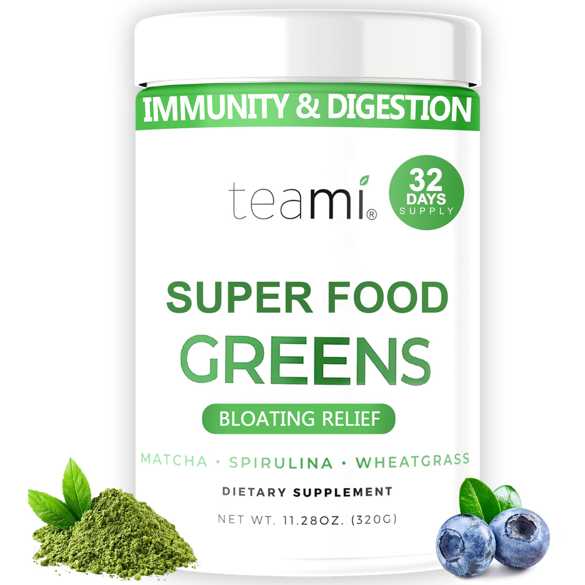 Teami Organic Super Greens bottle close-up highlights premium ingredients for daily energy