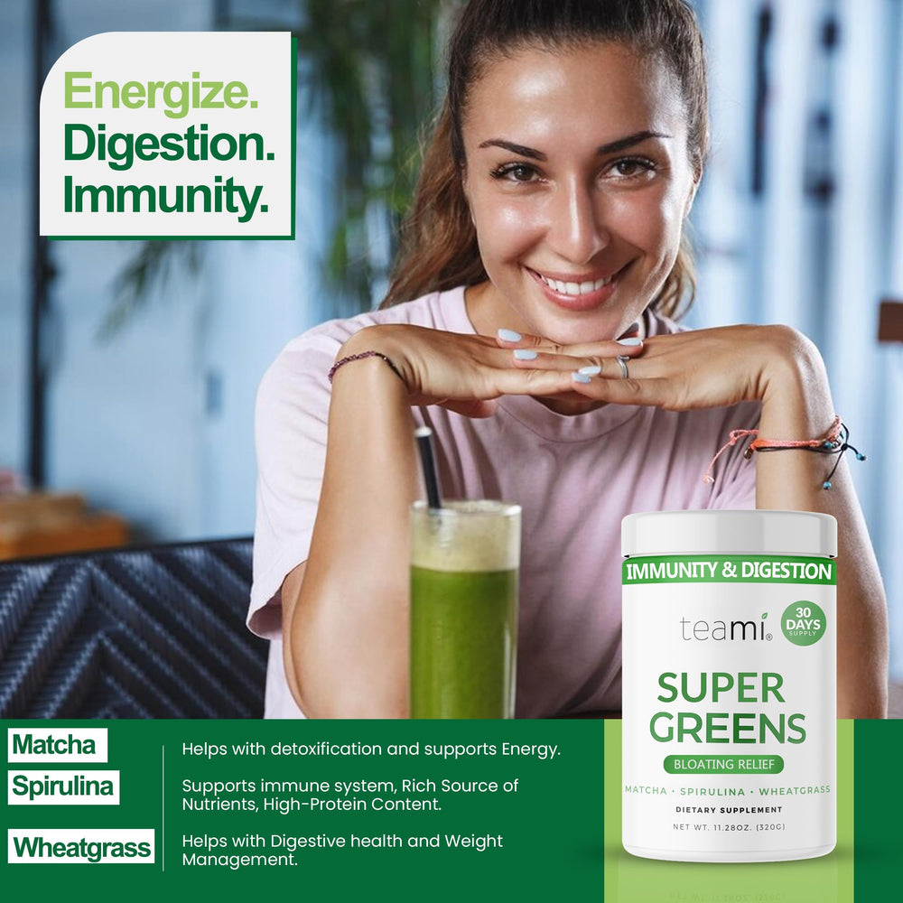 Teami Organic Super Greens smoothie jar shows vibrant color and nutritious blend