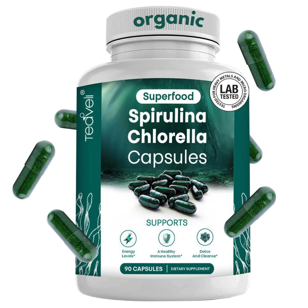 Teaveli bottle front view showing vegan spirulina-chlorella capsules for daily wellness.