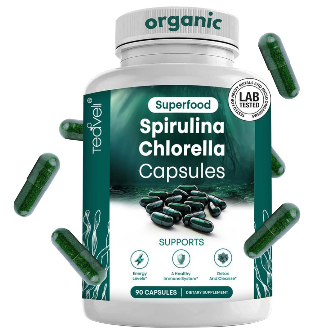 Teaveli bottle front view showing vegan spirulina-chlorella capsules for daily wellness.