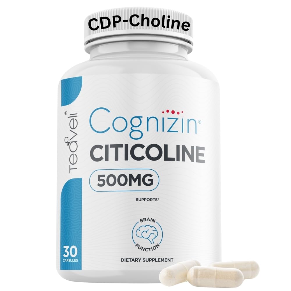 Teaveli Cognizin bottle front label shows 500 mg CDP choline for daily brain support.