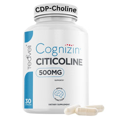 Teaveli Cognizin bottle front label shows 500 mg CDP choline for daily brain support.