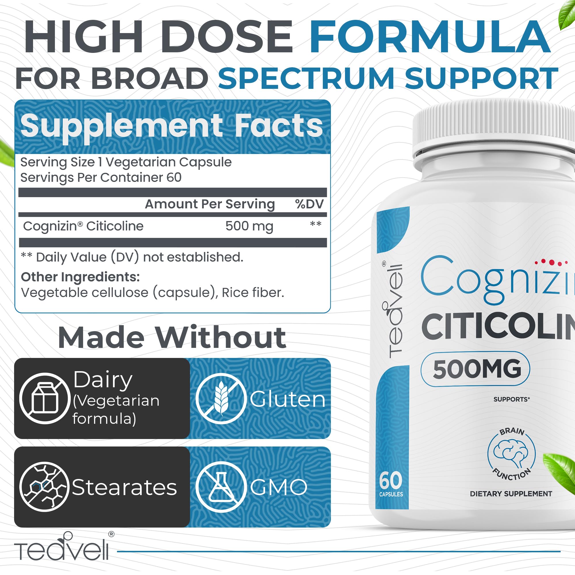 Teaveli Cognizin capsules closeup highlighting 500 mg dose and quality.