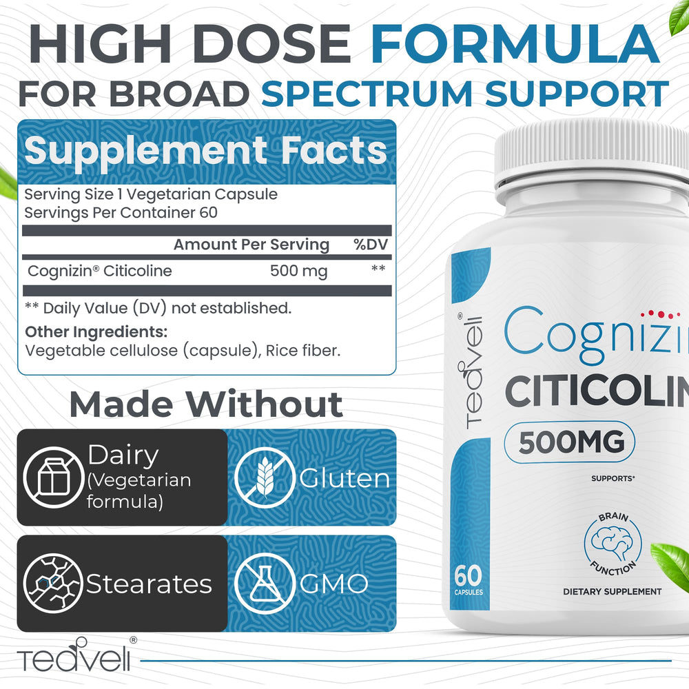 Teaveli Cognizin capsules closeup highlighting 500 mg dose and quality.