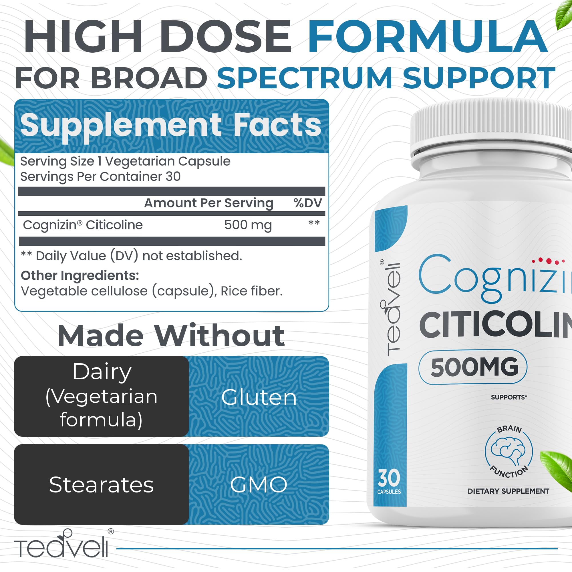 Close-up of Teaveli Cognizin capsules emphasizing dosage and easy daily use.