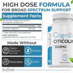 Teaveli Cognizin capsules closeup highlighting 500 mg dose and quality.