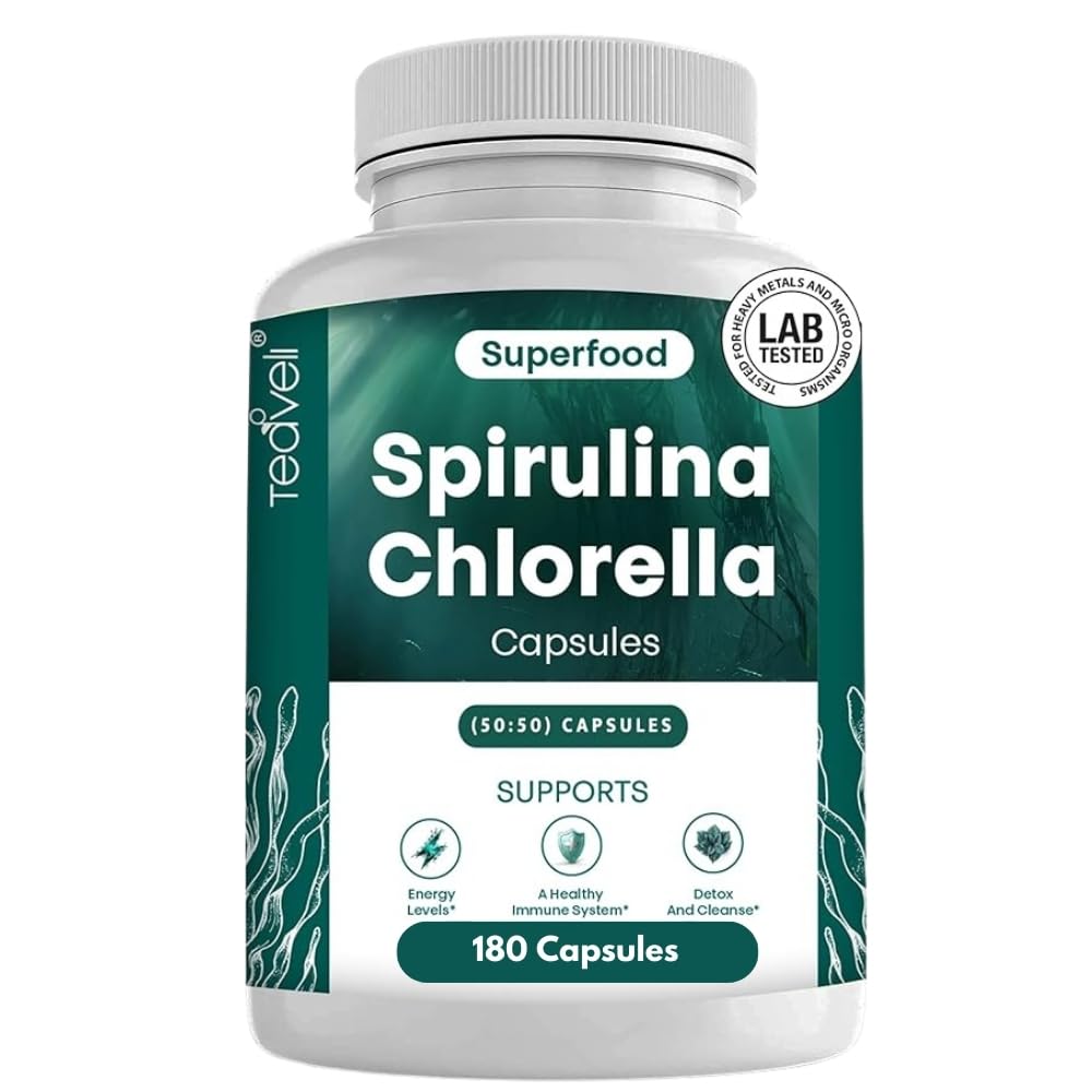 Teaveli organic spirulina and chlorella capsules bottle emphasizes clean, high-dose greens for daily energy.