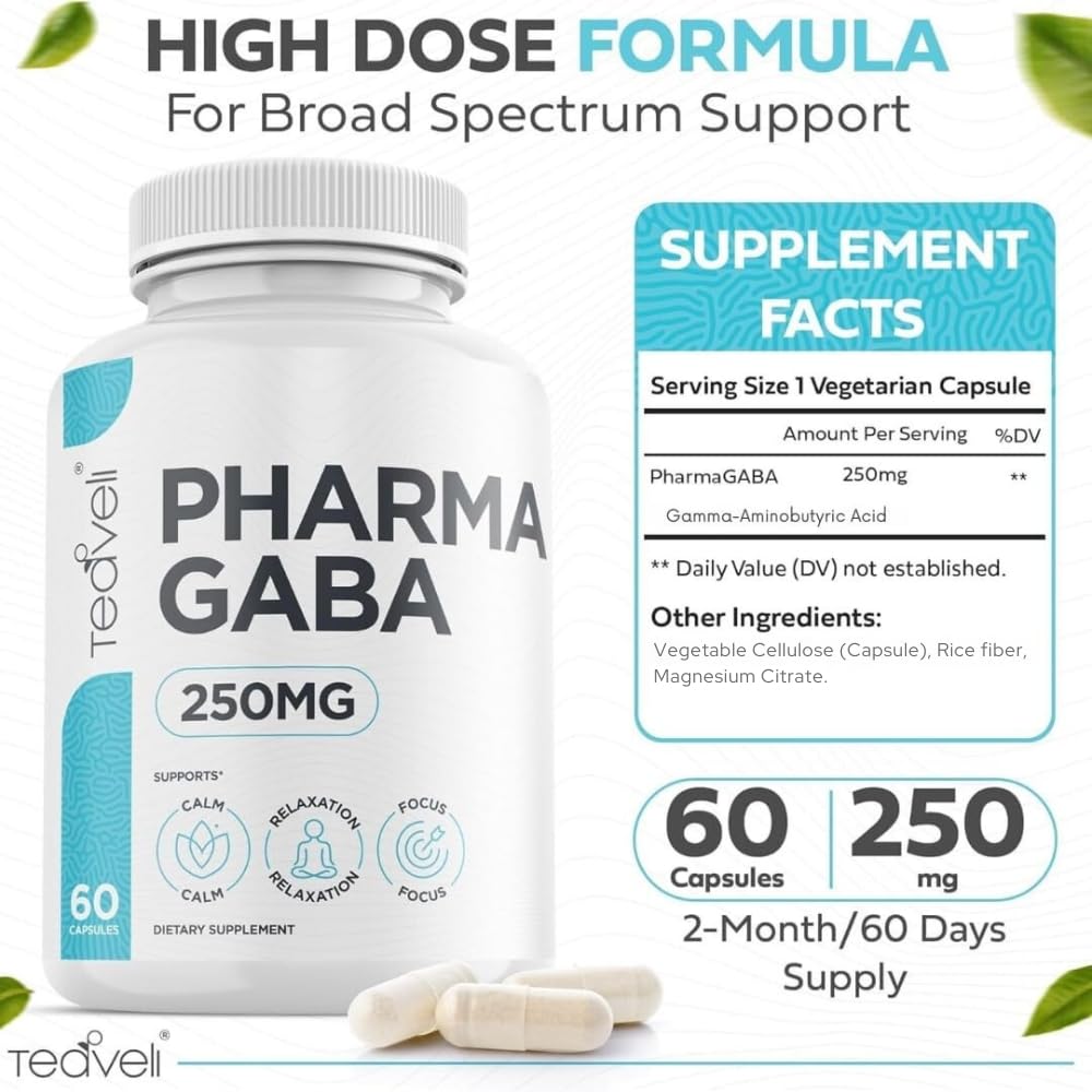 Teaveli Pharma GABA 250 mg capsules view highlighting focus-friendly supplement.