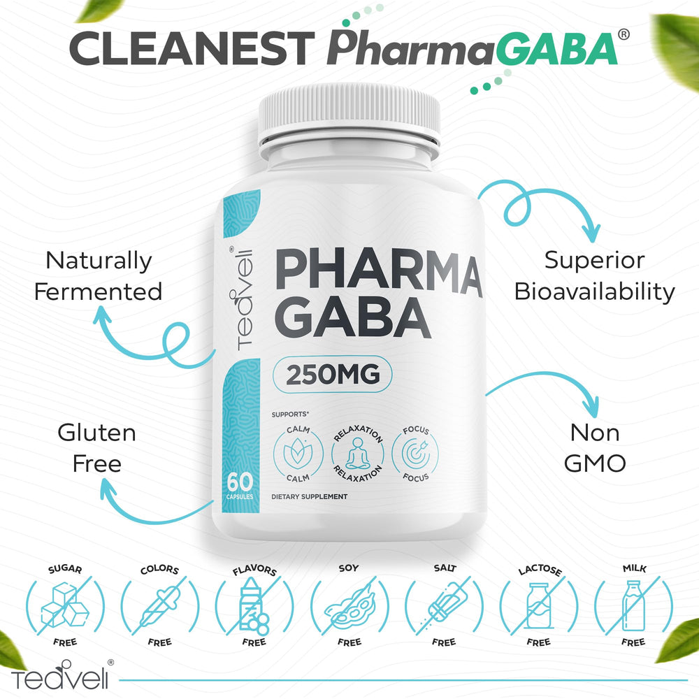 Teaveli Pharma GABA 250 mg GMP facility badge signaling USA quality.