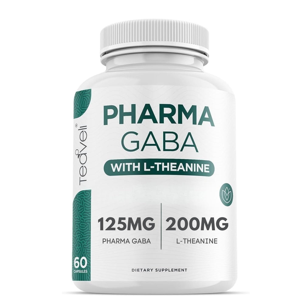 Teaveli Pharma GABA bottle front, suggesting calm focus for daily routines.