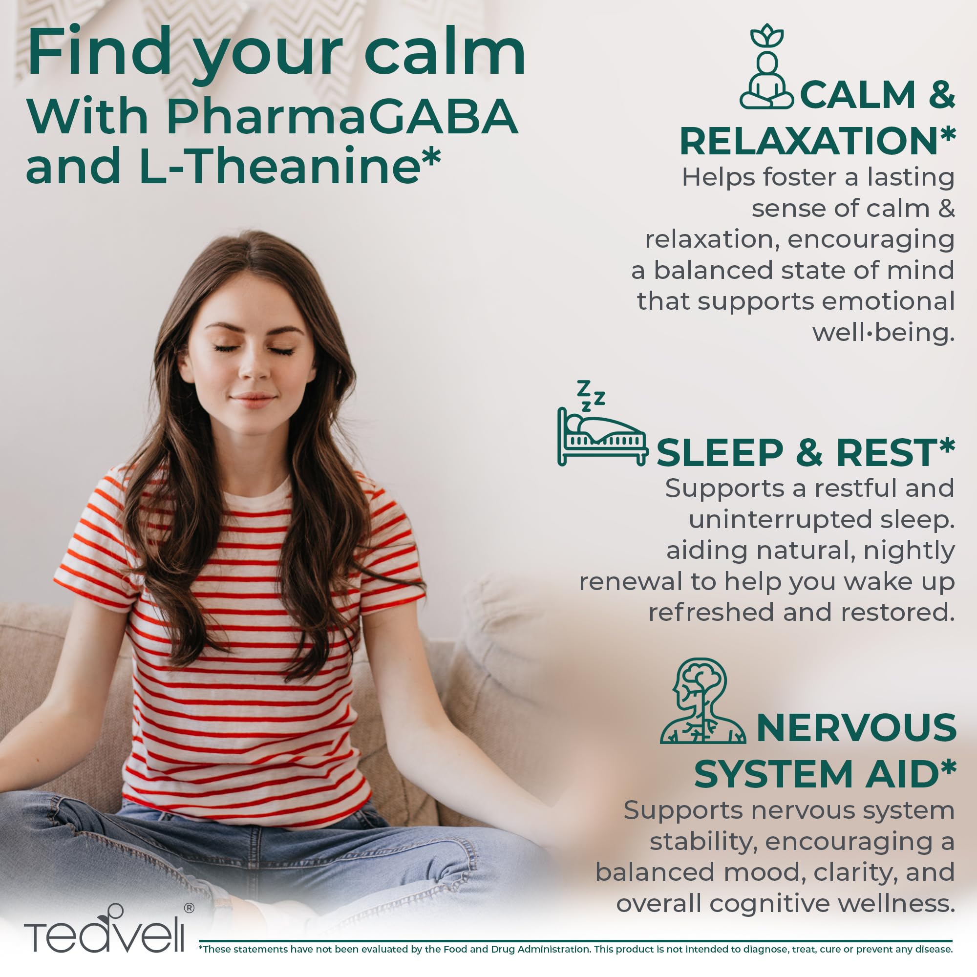 Teaveli Pharma GABA label close-up showing clinically studied ingredients for calm attention.