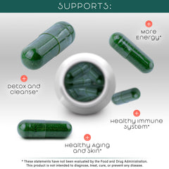 Teaveli spirulina-chlorella powder ingredients image emphasizes organic greens for energy.