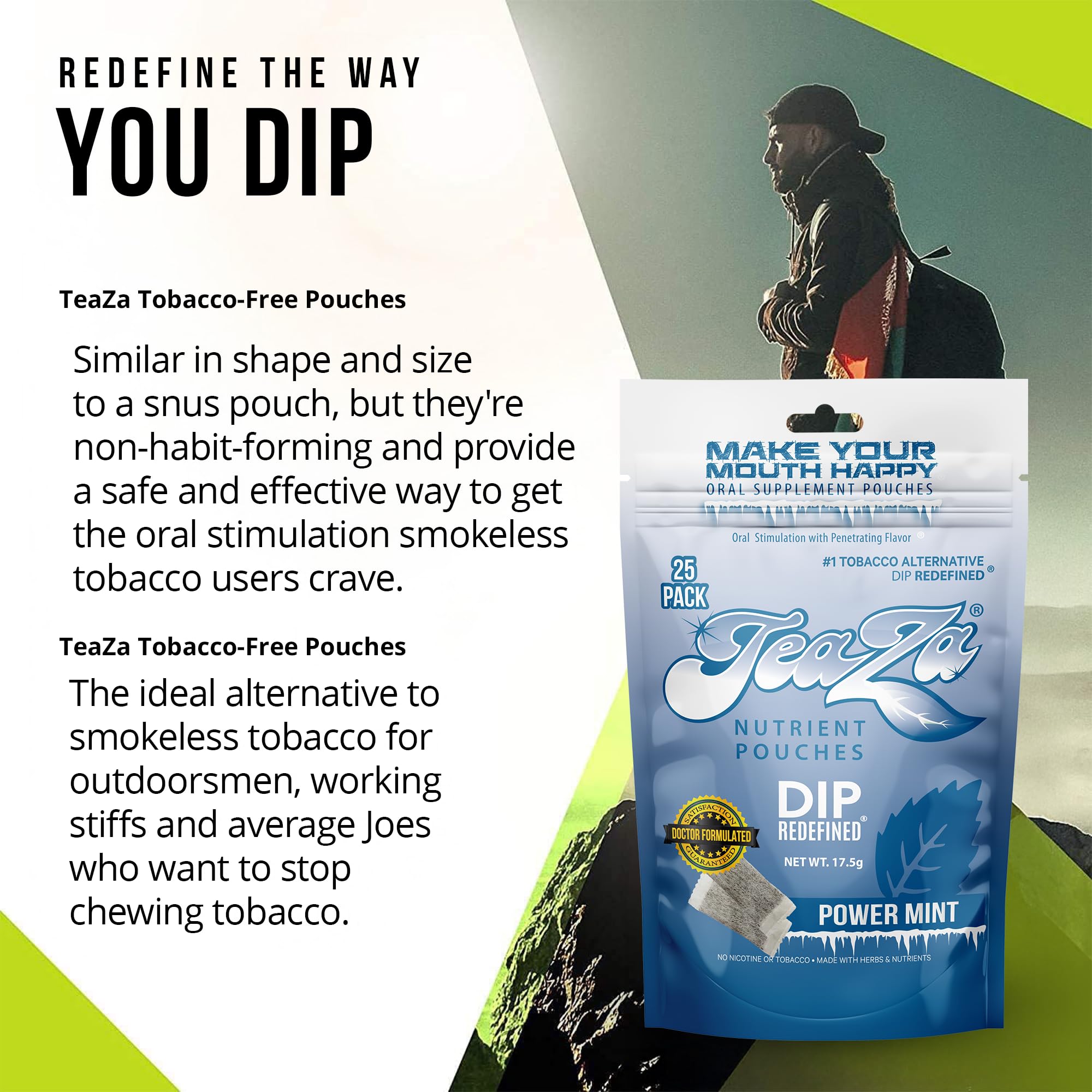 TeaZa Energy mint leaves close-up suggesting a fresh, flavor-forward experience.