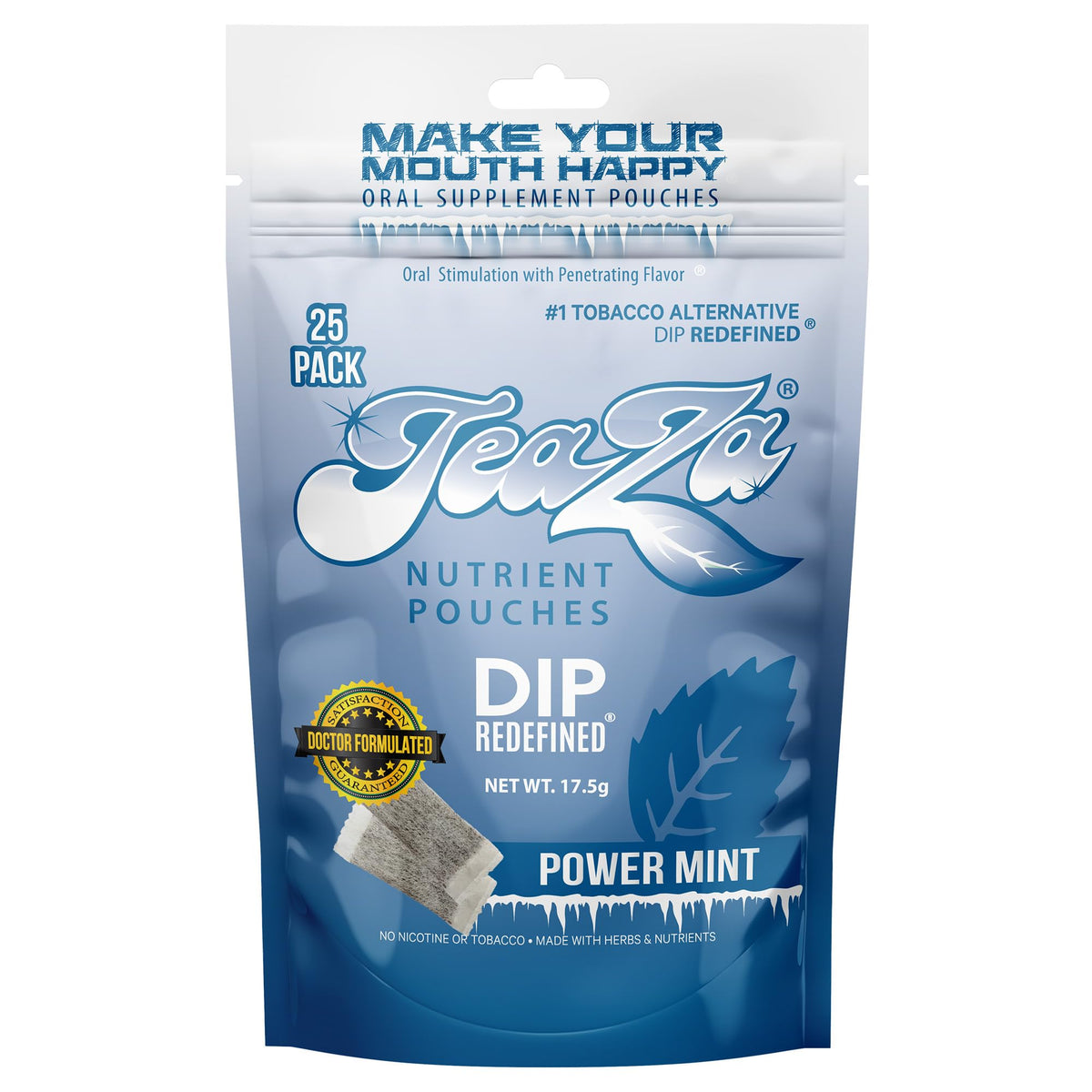 TeaZa Energy pack front with mint flavor and tobacco-free design.