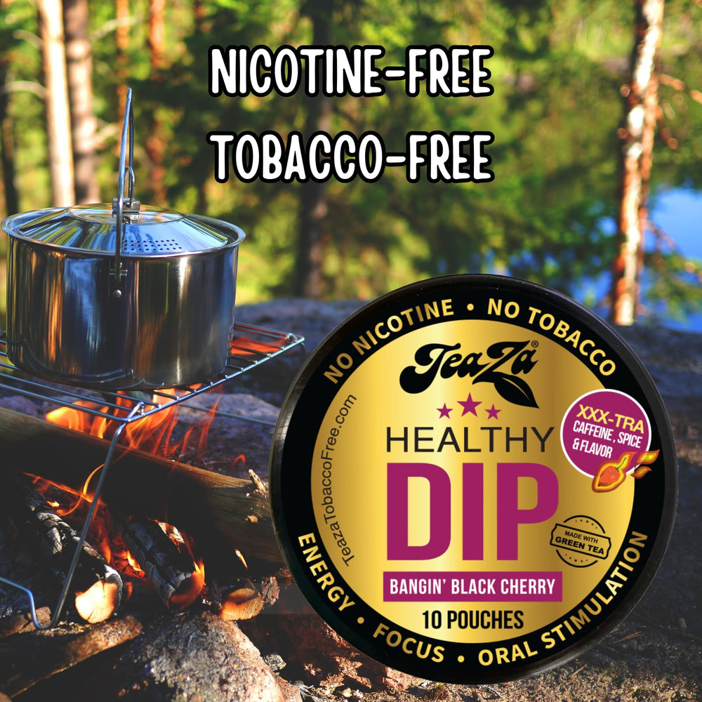 TeaZa Bangin' Black Cherry pouches placed between lip and gum for steady energy.