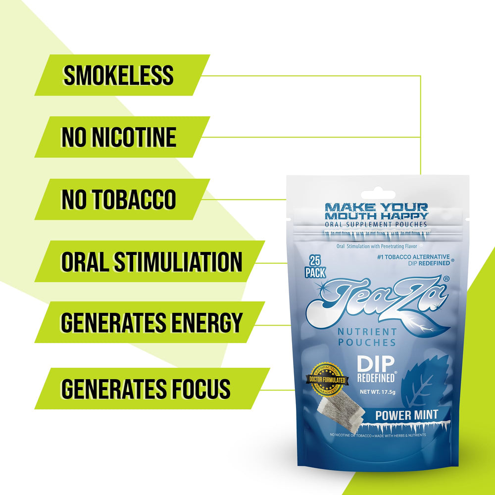 TeaZa Energy pouches close-up showing natural ingredients and texture.