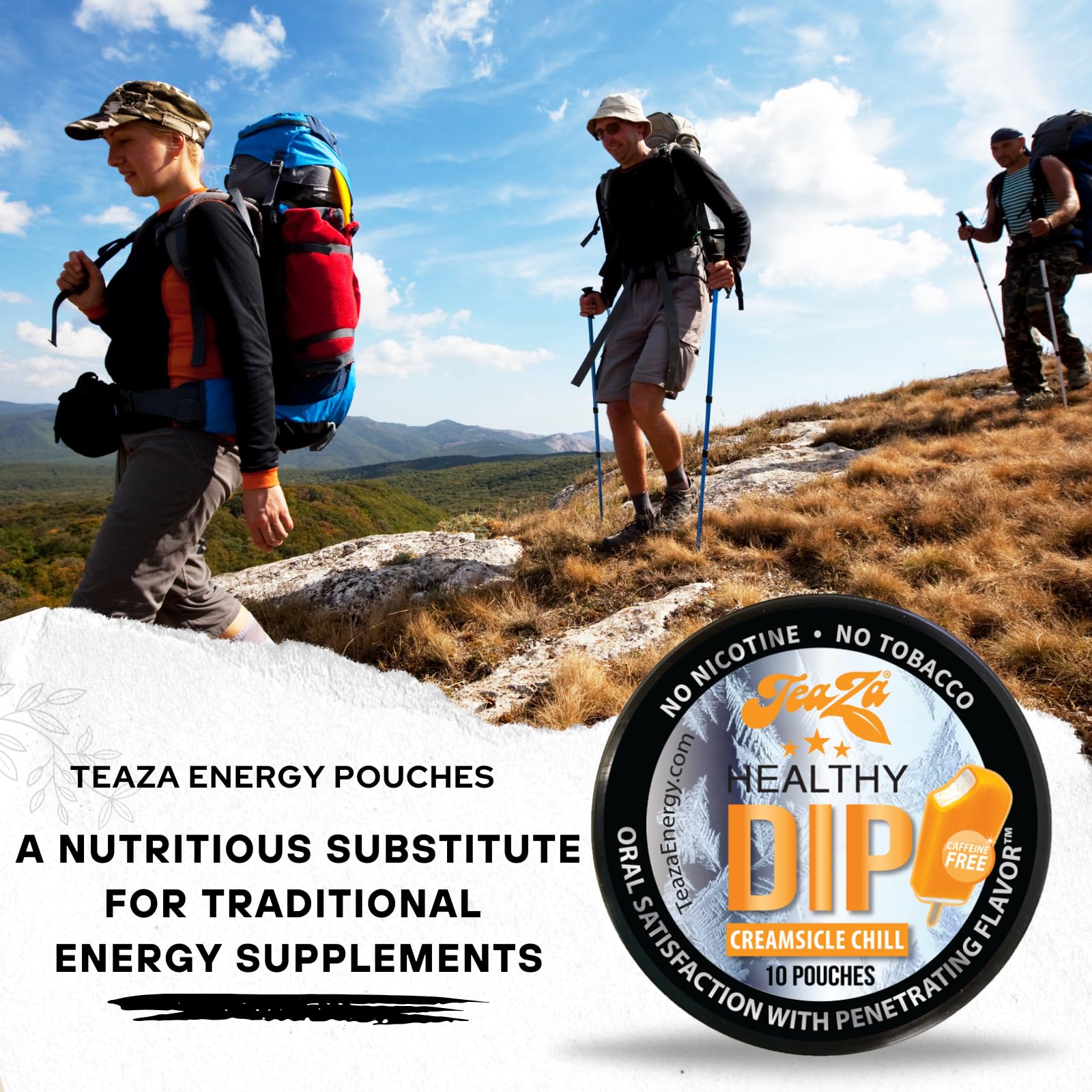 TeaZa Energy Pouches ingredients herbs and vitamins listed on the package.