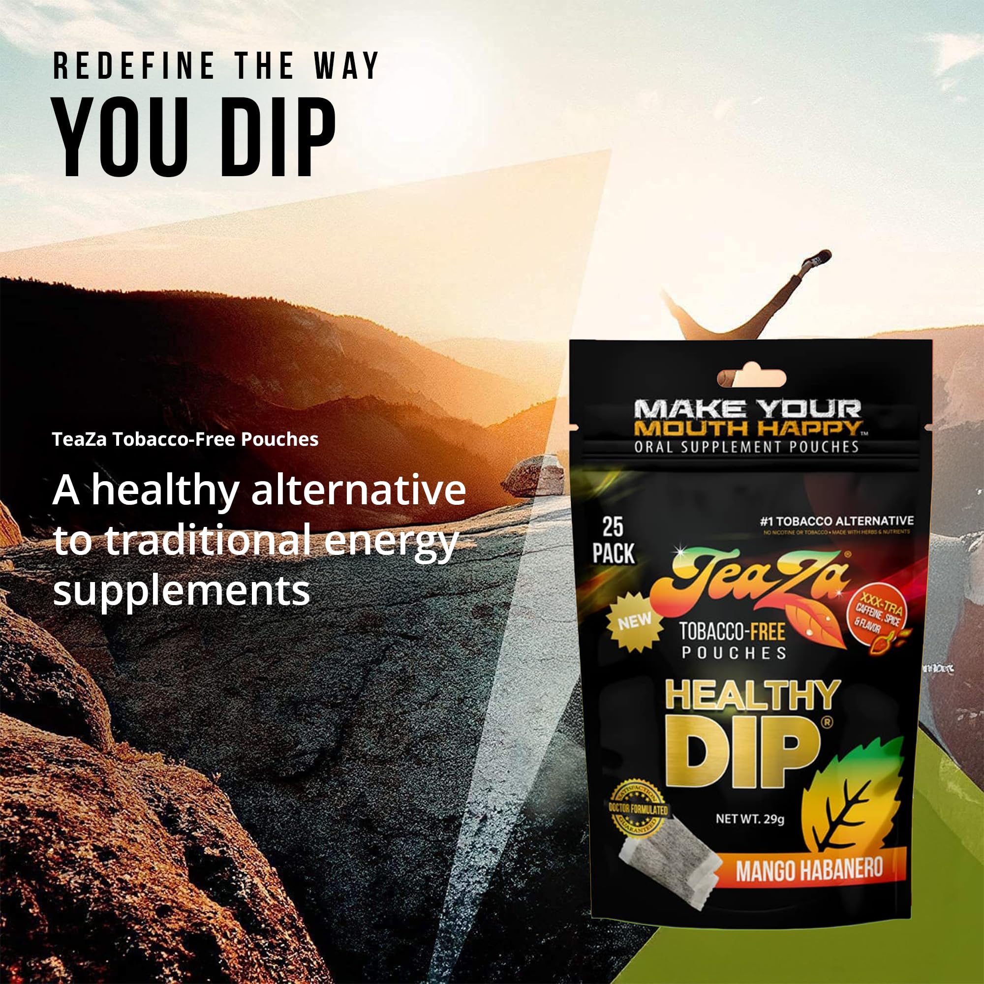 TeaZa Mango Habanero pouch in pocket, discreet energy option