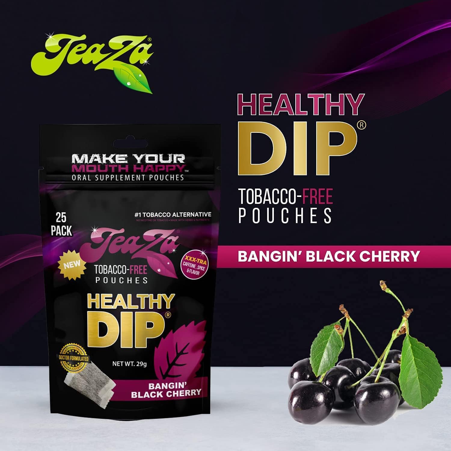 TeaZa natural ingredients green tea and ginseng highlighted on packaging.