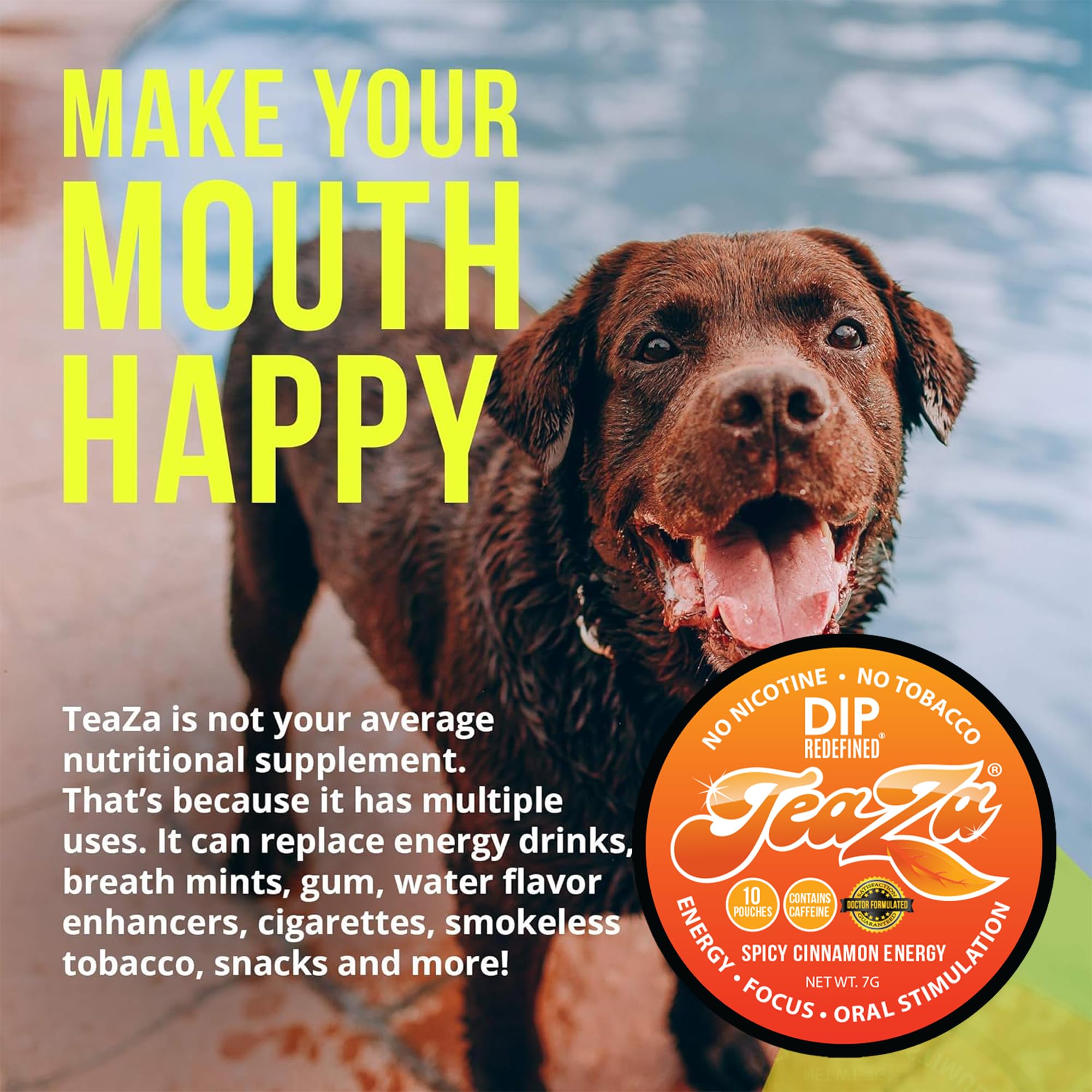 TeaZa pouch dissolving in hot water to create a quick energy tea.