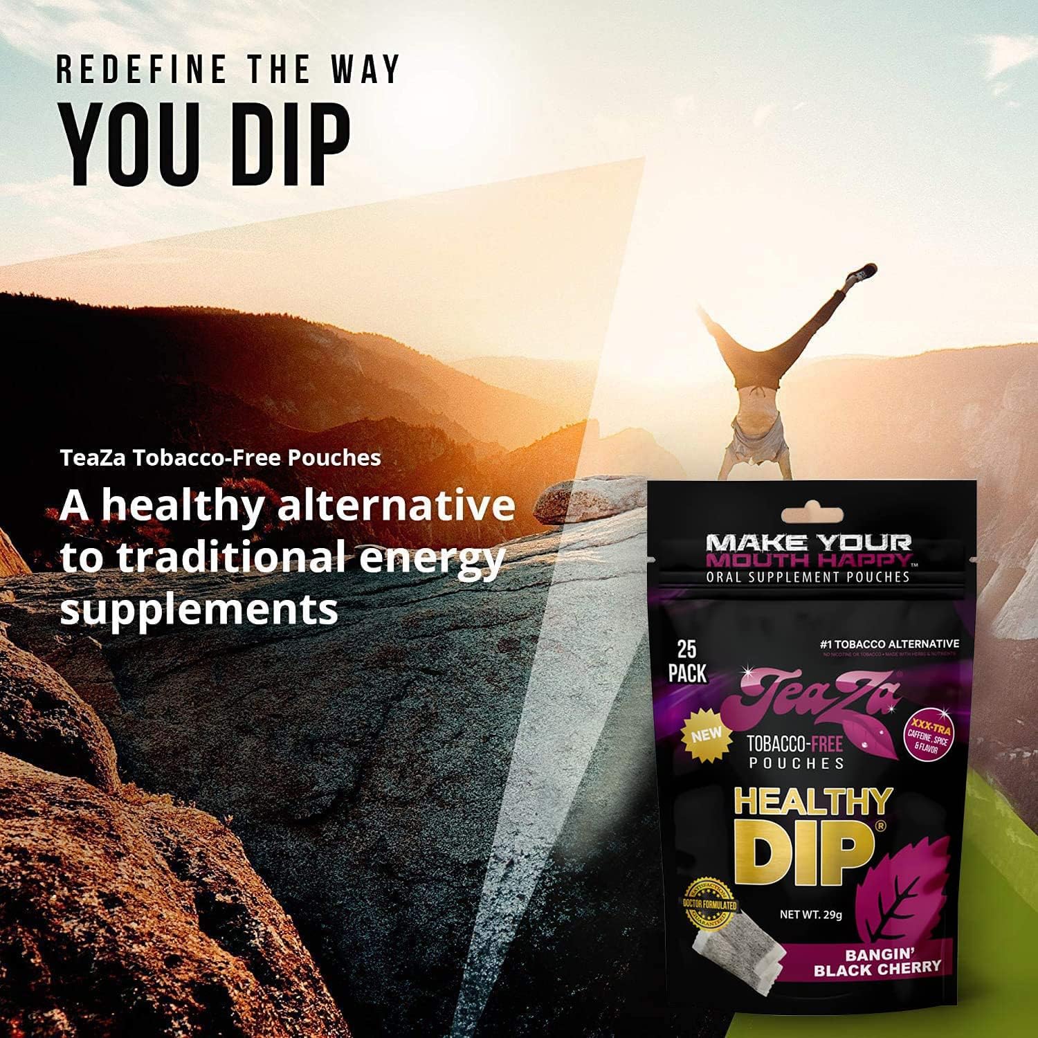 TeaZa Bangin Black Cherry pouch dropped in water for refreshing infusion.