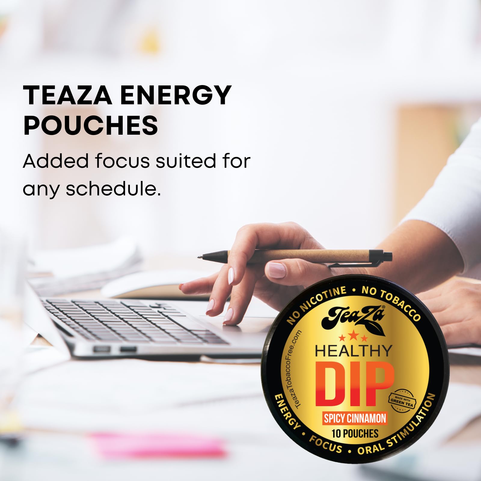 TeaZa Spicy Cinnamon Pouch packaging on display, bold tobacco-free alternative.