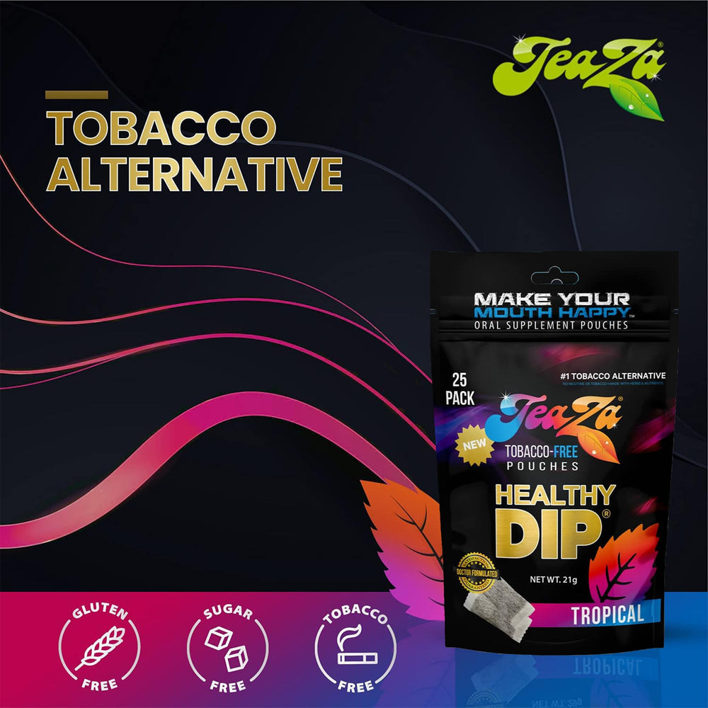 TeaZa Tropical Energy Pouches placed in mouth, tropical flavors unfold.