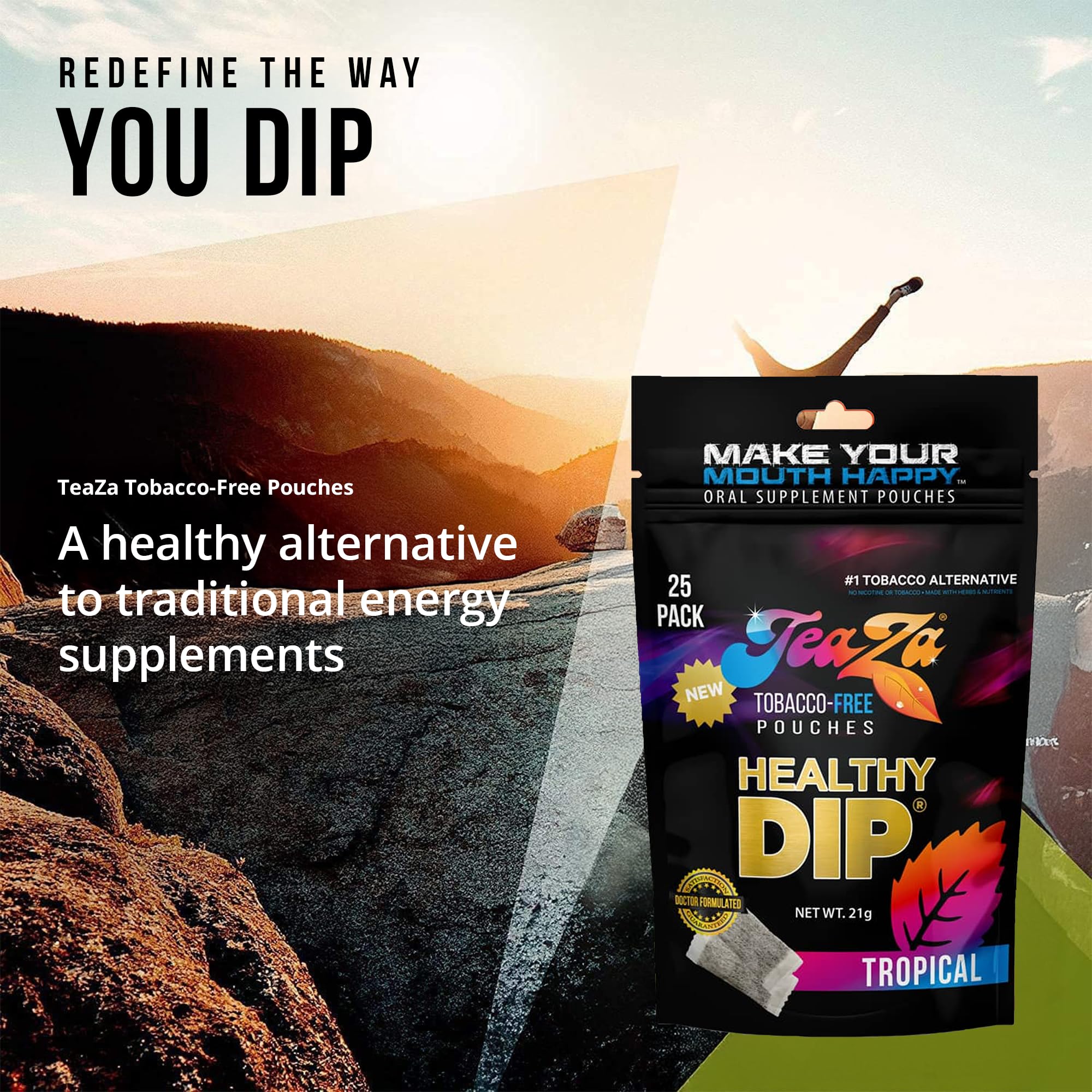 TeaZa Tropical Energy Pouches on table, perfect for outdoors and work.